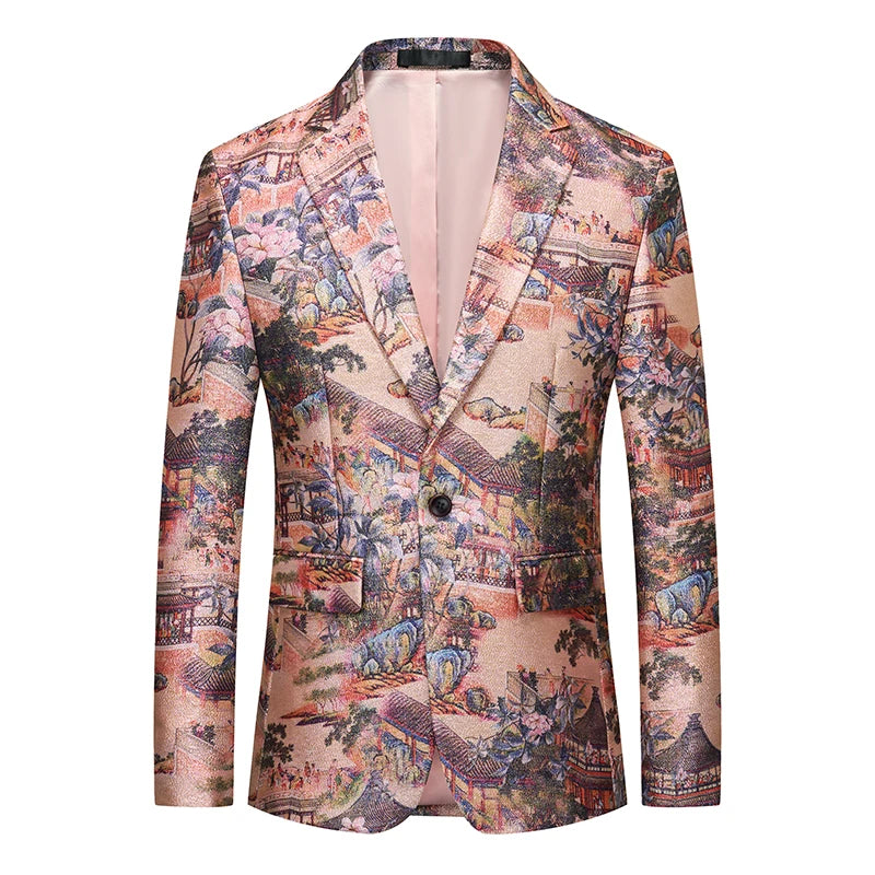 Men's Notched Collar Long Sleeve Printed Single Breasted Blazers