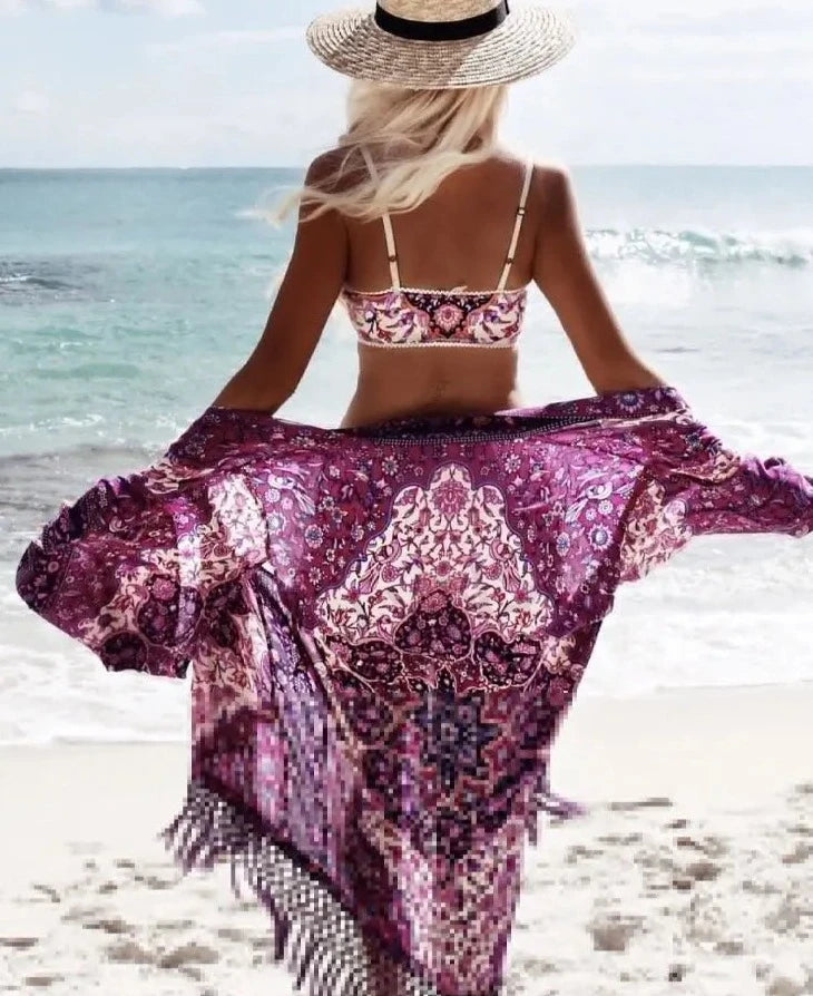 Women's Polyester Long Sleeves Printed Kaftan Beach Cover Up