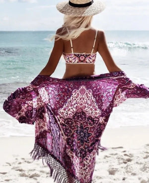 Women's Polyester Long Sleeves Printed Kaftan Beach Cover Up