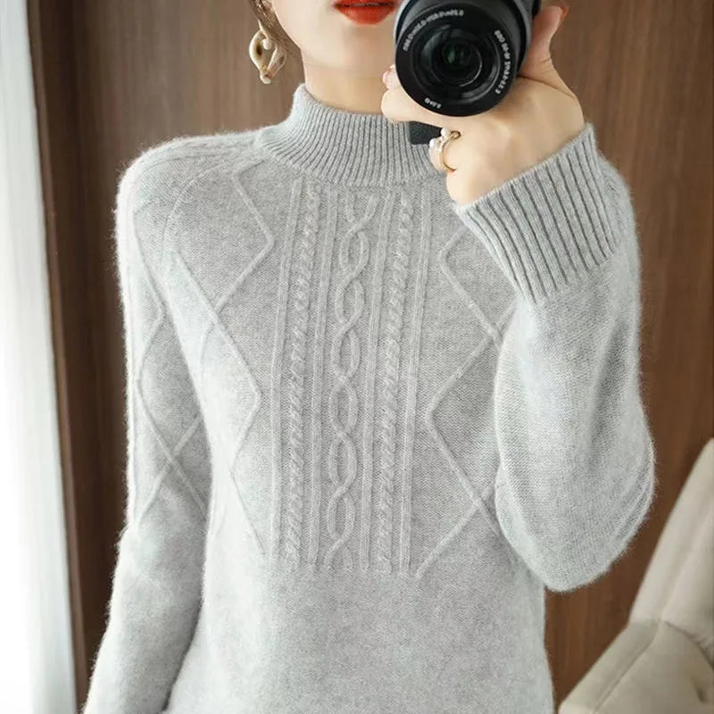 Women's Acrylic Mock-Neck Full Sleeves Knitted Pattern Sweater