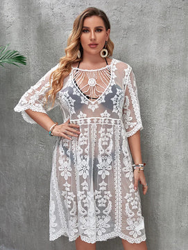 Women's Rayon Full Sleeve Patchwork Trendy Sexy Beach Cover Up