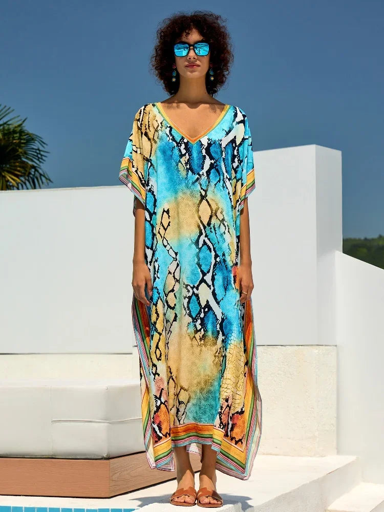 Women's Polyester V-Neck Short Sleeve Printed Pattern Maxi Dress