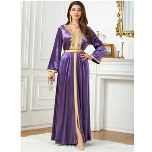 Women's Arabian V-Neck Polyester Full Sleeve Embroidery Dresses