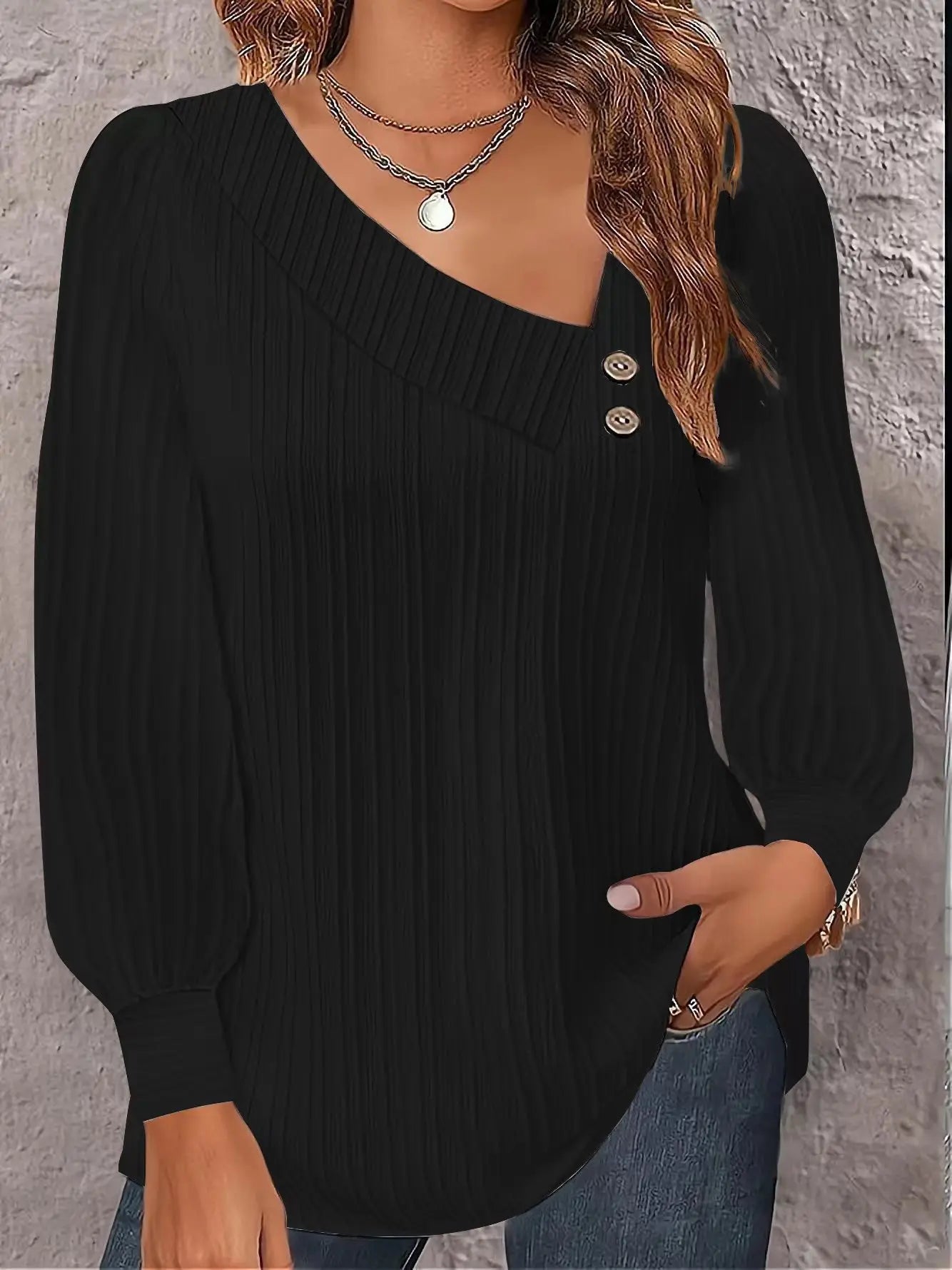 Women's Polyester V-Neck Long Sleeves Solid Pattern Mini Blouse