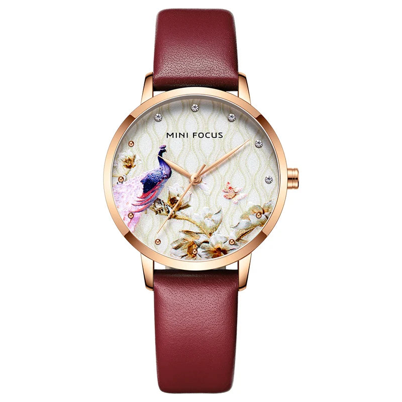 Women's Leather Round Shaped Waterproof Luxury Elegant Wrist Watch