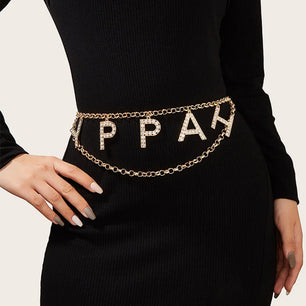 Women's Metal High Waist Buckle Closure Letter Pattern Chain Belt