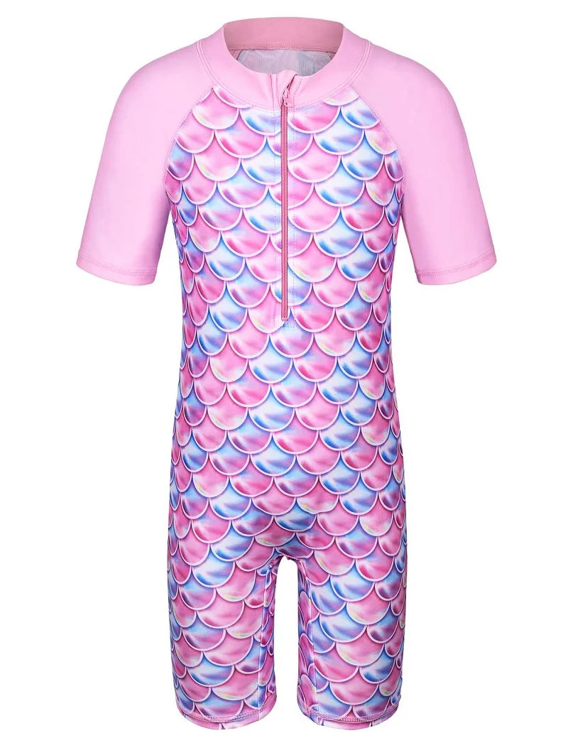 Kid's Nylon O-Neck Long Sleeves Printed Pattern Swimwear Suit