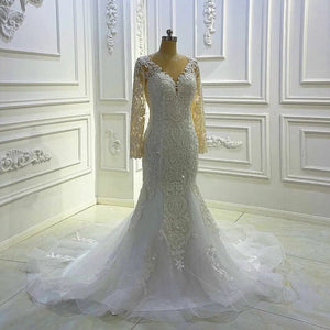 Women's V-Neck Long Sleeves Court Train Mermaid Wedding Dress