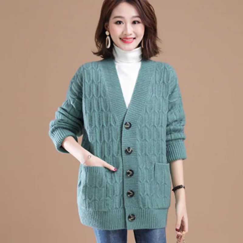 Women's Acetate V-Neck Full Sleeves Knitted Pattern Sweater