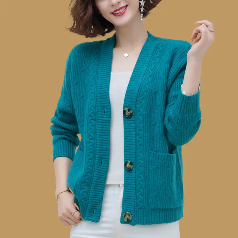 Women's Acrylic V-Neck Long Sleeve Knitted Casual Wear Cardigan