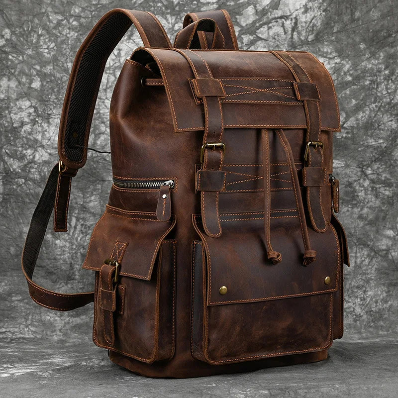 Men's Genuine Leather Zipper Closure Slot Pattern Casual Backpack