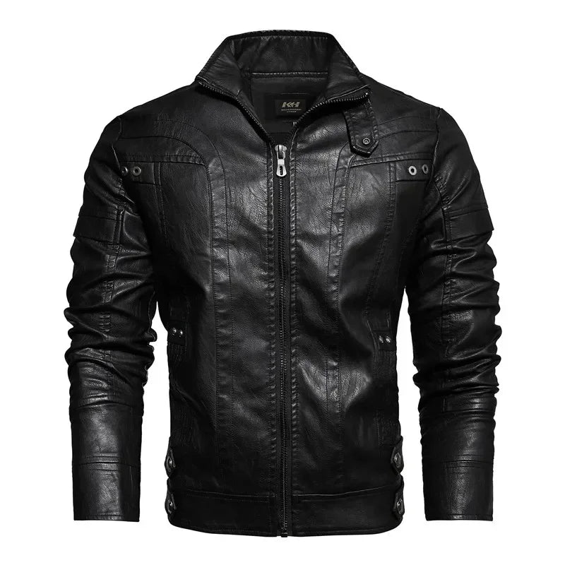 Men's PU Turn-Down Collar Full Sleeves Zipper Closure Jacket