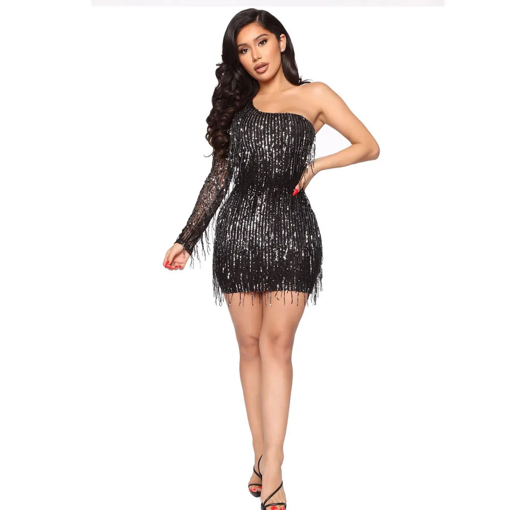 Women's Polyester Diagonal-Neck Long Sleeve Sequined Pattern Dress