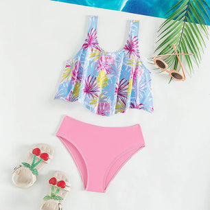 Kid's Polyester O-Neck Floral Pattern Trendy Bathing Swimwear Suit