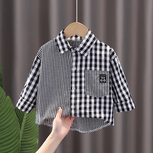 Kid's Cotton Turn-Down Collar Full Sleeve Plaid Pattern Shirt