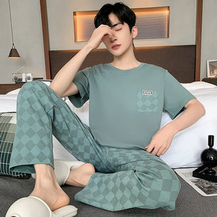 Men's Cotton O-Neck Short Sleeves Trendy Sleepwear Pajamas Set