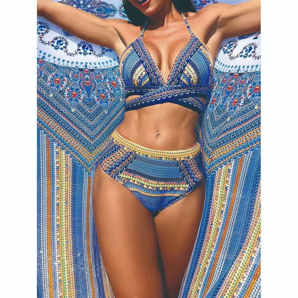 Women's Nylon High Waist Printed Pattern Three Piece Bikini Set