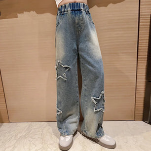 Kid's Cotton Mid Elastic Waist Closure Casual Denim Trousers