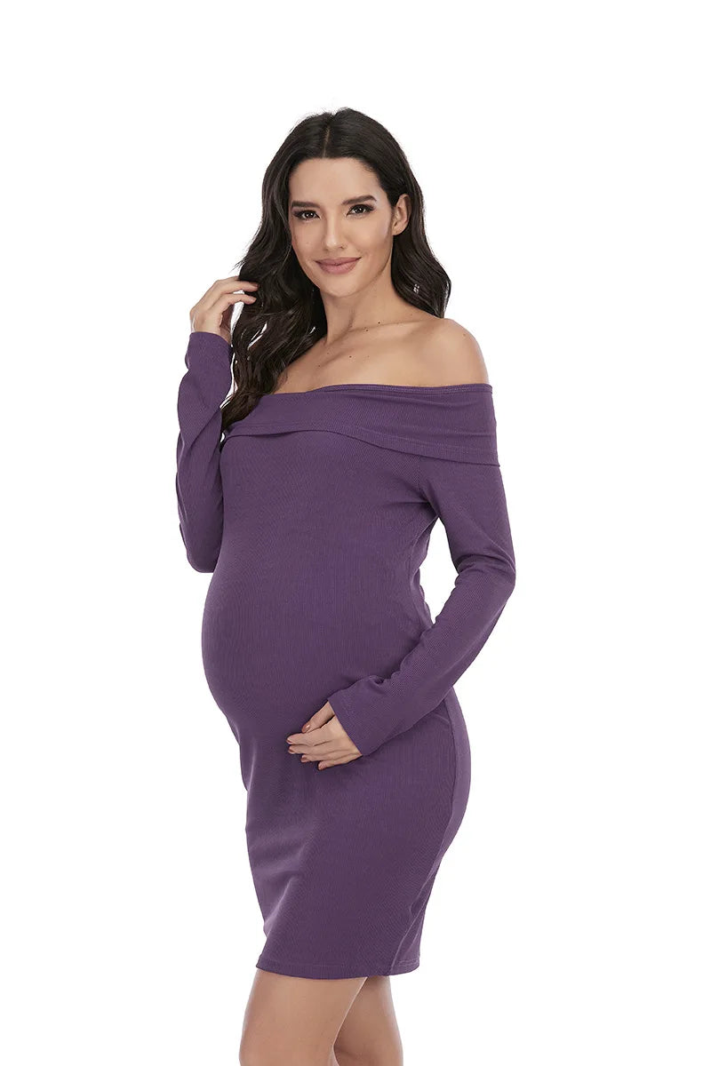 Women’s Polyester Square-Neck Long Sleeves Solid Maternity Dress