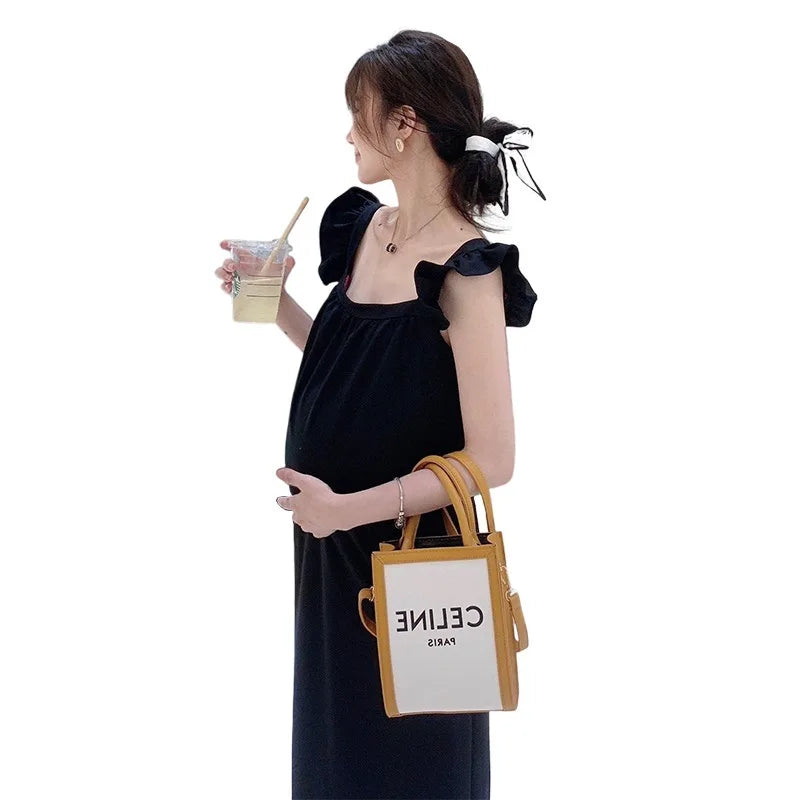 Women's Cotton Sleeveless Solid Pattern Trendy Maternity Dress