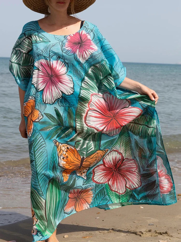 Women's Polyester O-Neck Bathing Floral Pattern Swimwear Dress