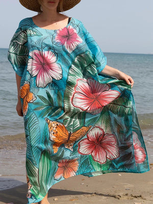 Women's Polyester O-Neck Bathing Floral Pattern Swimwear Dress