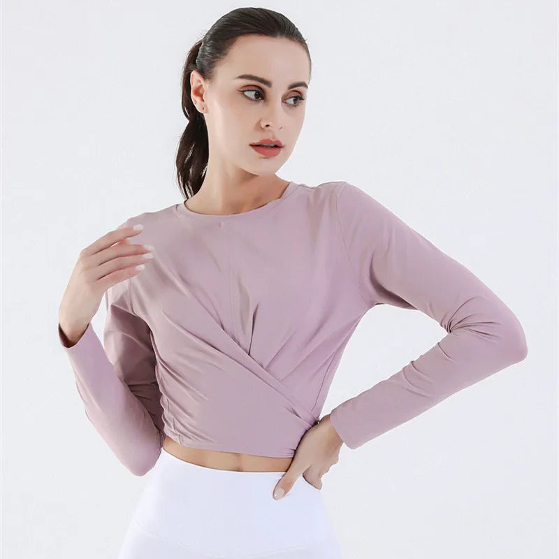 Women's Nylon O-Neck Long Sleeve Fitness Yoga Workout Top