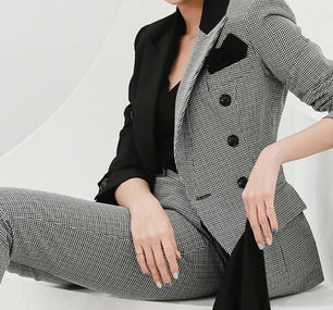 Women's Cotton Notched Long Sleeves Double Breasted Blazer Set