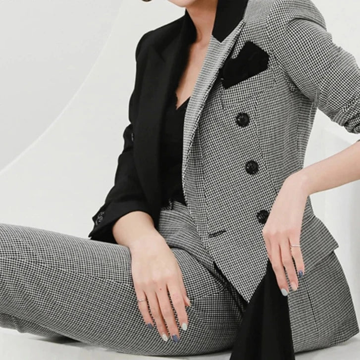 Women's Cotton Notched Long Sleeves Double Breasted Blazer Set