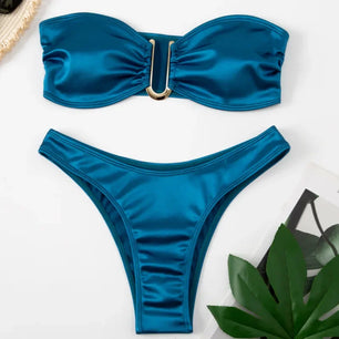 Women's Nylon Mid Waist Swimwear Solid Pattern Trendy Bikini Set