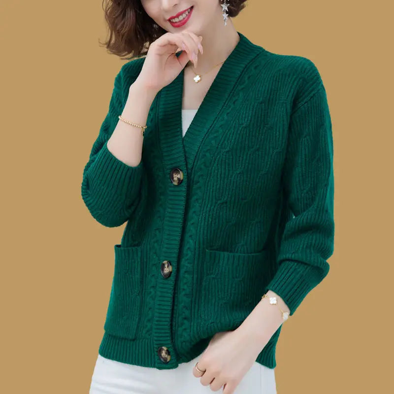 Women's Acrylic V-Neck Long Sleeve Knitted Casual Wear Cardigan