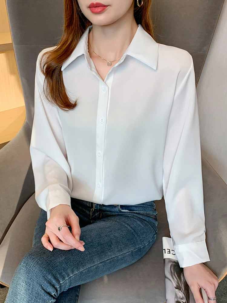 Women's Acetate Turn-Down Collar Long Sleeve Casual Wear Blouse