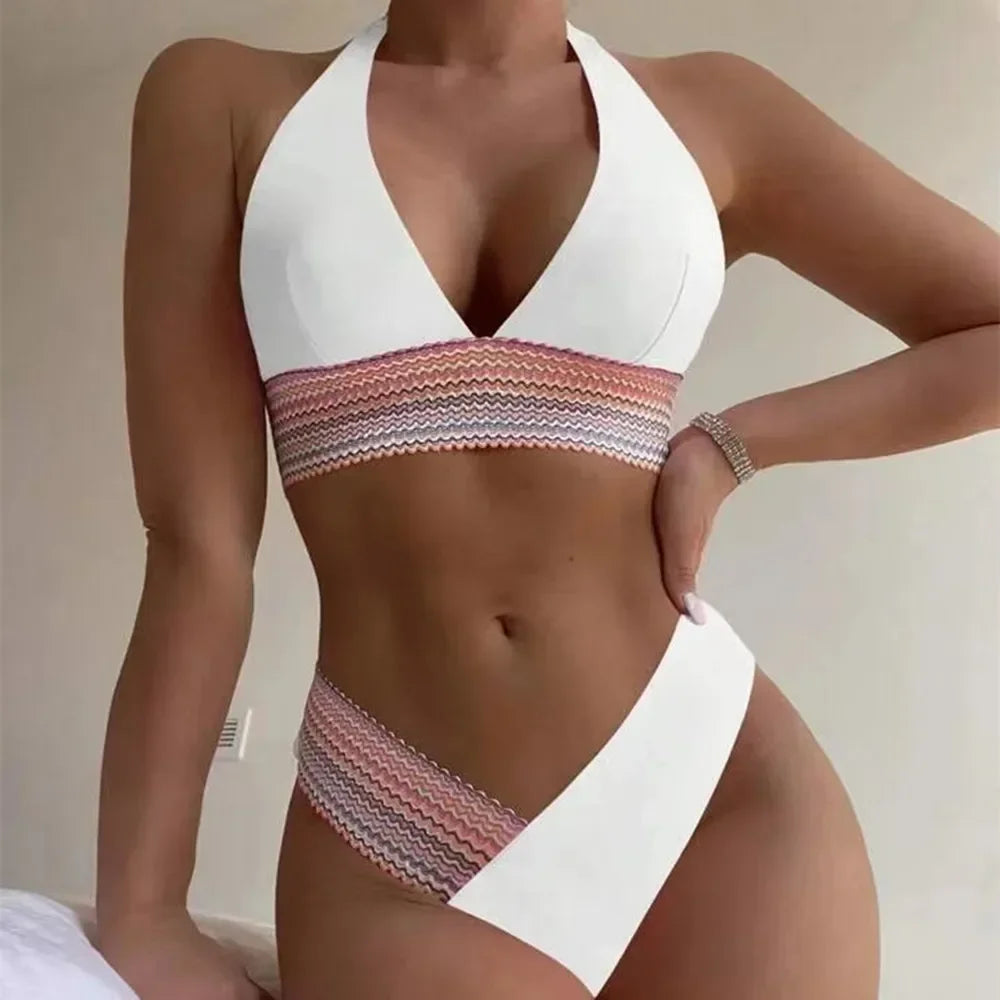 Women's Polyester Mid Waist Patchwork Pattern Swimwear Bikini Set