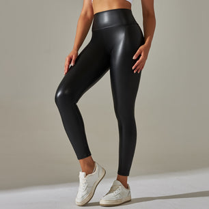 Women's Faux Leather High Waist Solid Pattern Sexy Leggings