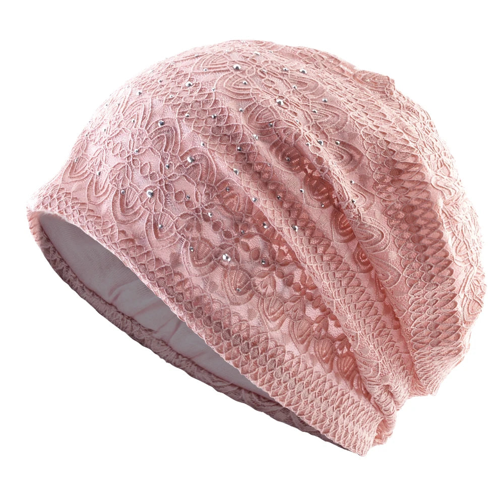 Women's Cotton Skullies Beanies Rhinestone Pattern Breathable Cap