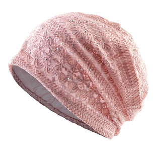 Women's Cotton Skullies Beanies Rhinestone Pattern Breathable Cap