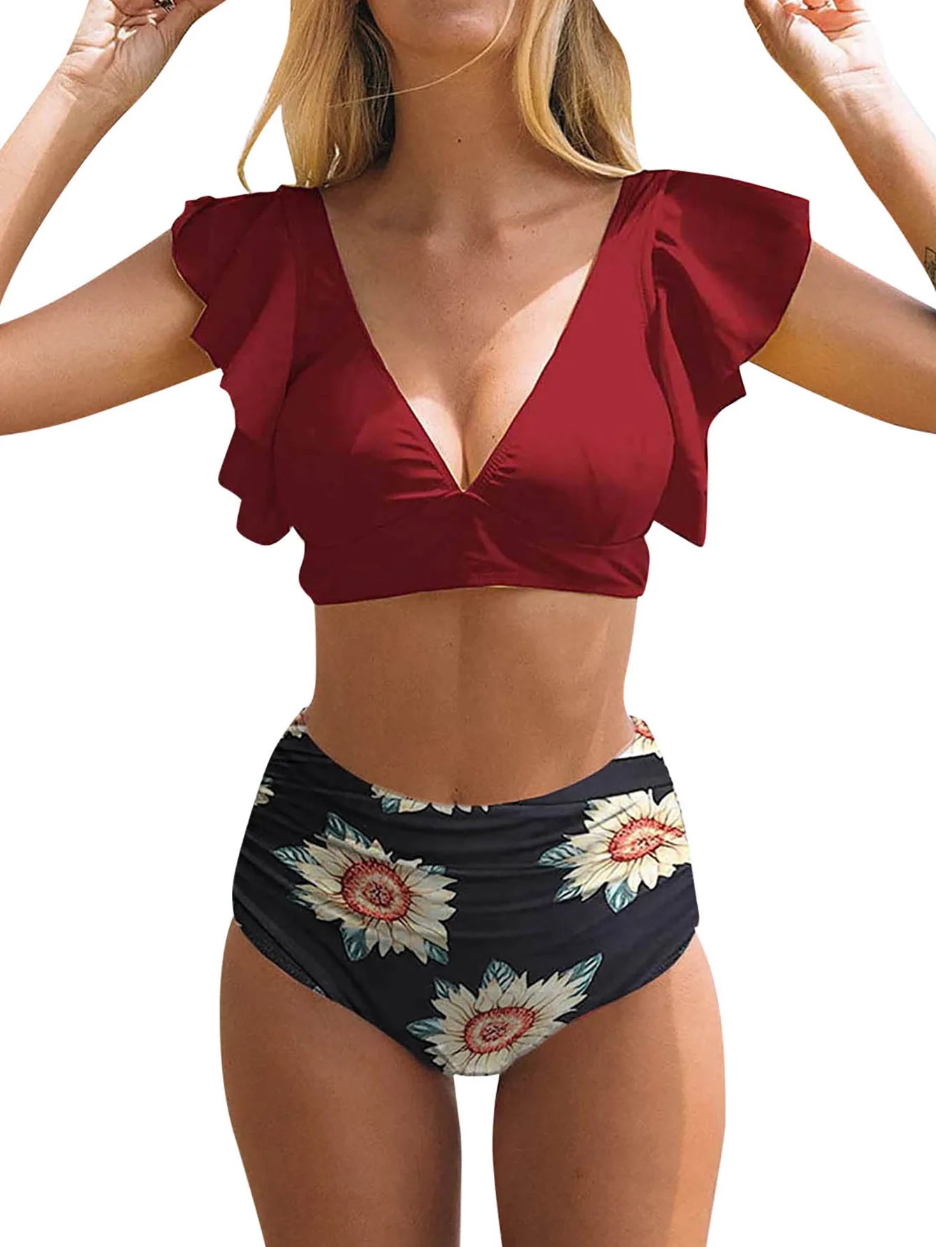 Women's Polyester High Waist Printed Pattern Swimwear Bikini Set