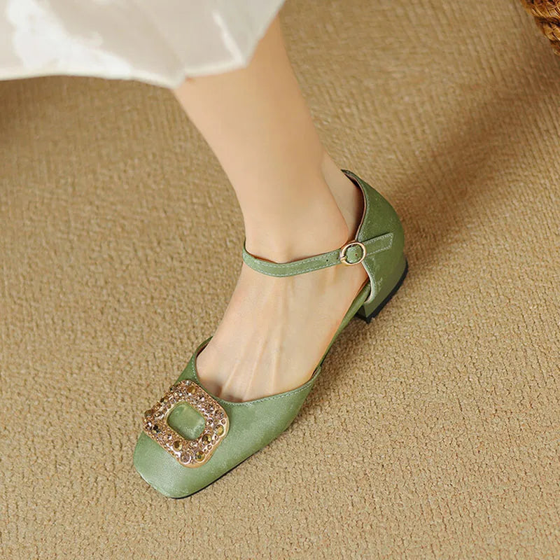 Women's Cotton Fabric Square Toe Buckle Strap Closure Shoes