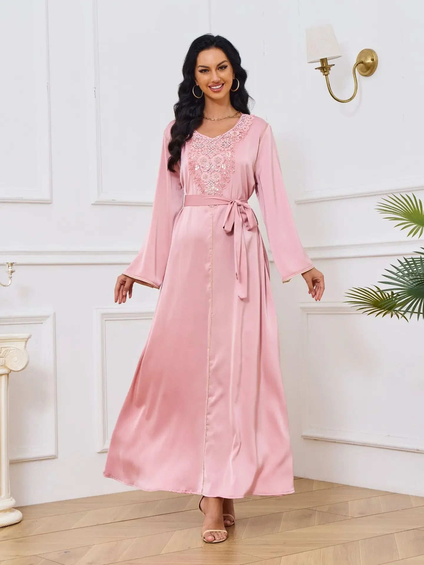 Women's Arabian Polyester Full Sleeve Beaded Pattern Casual Dress