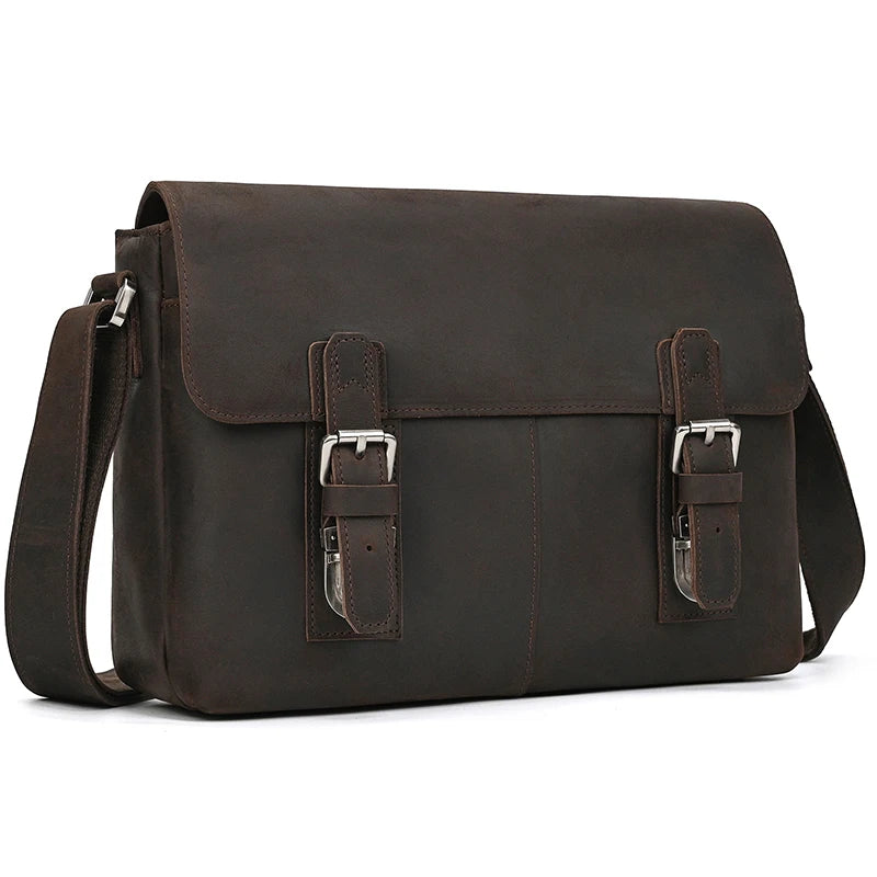 Men's Genuine Leather Zipper Closure Solid Pattern Shoulder Bag