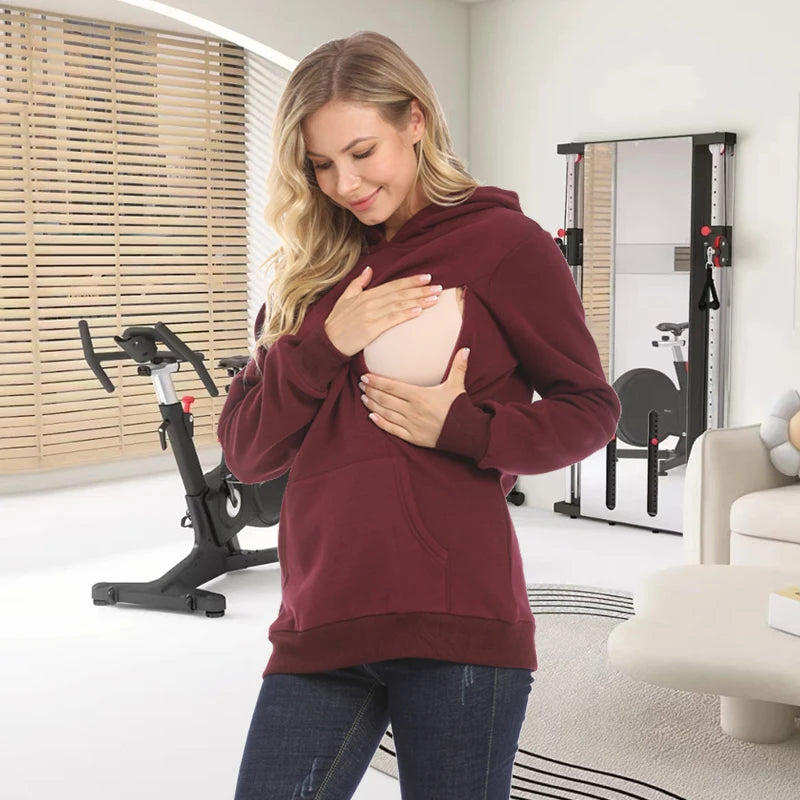 Women's Cotton Long Sleeves Breastfeeding Hooded Maternity Top