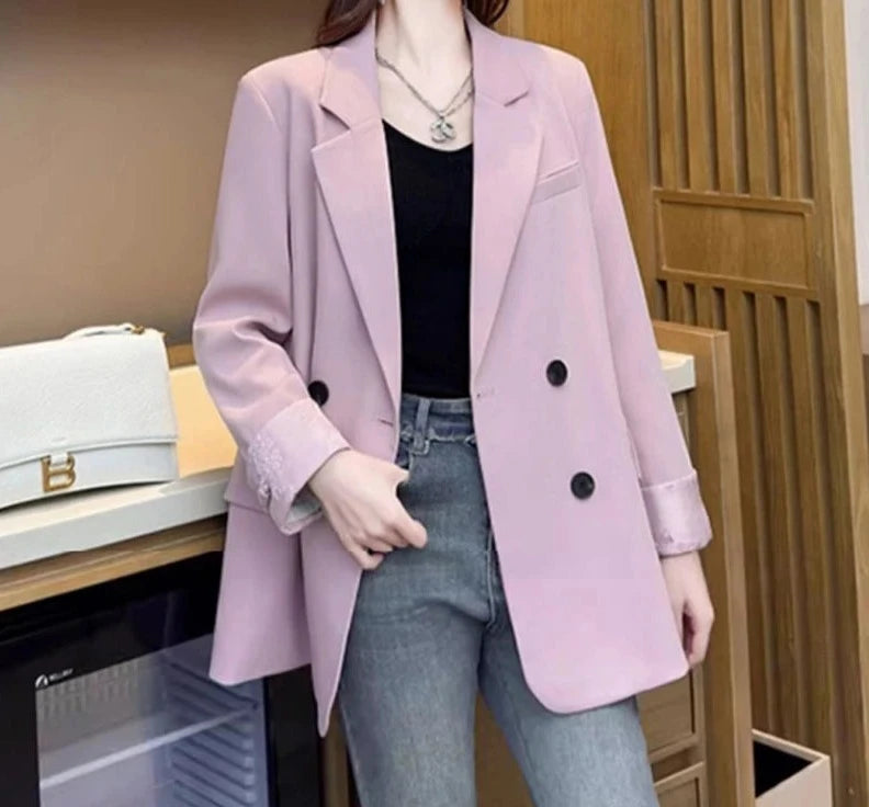 Women's Cotton Notched Long Sleeves Solid Pattern Casual Blazers