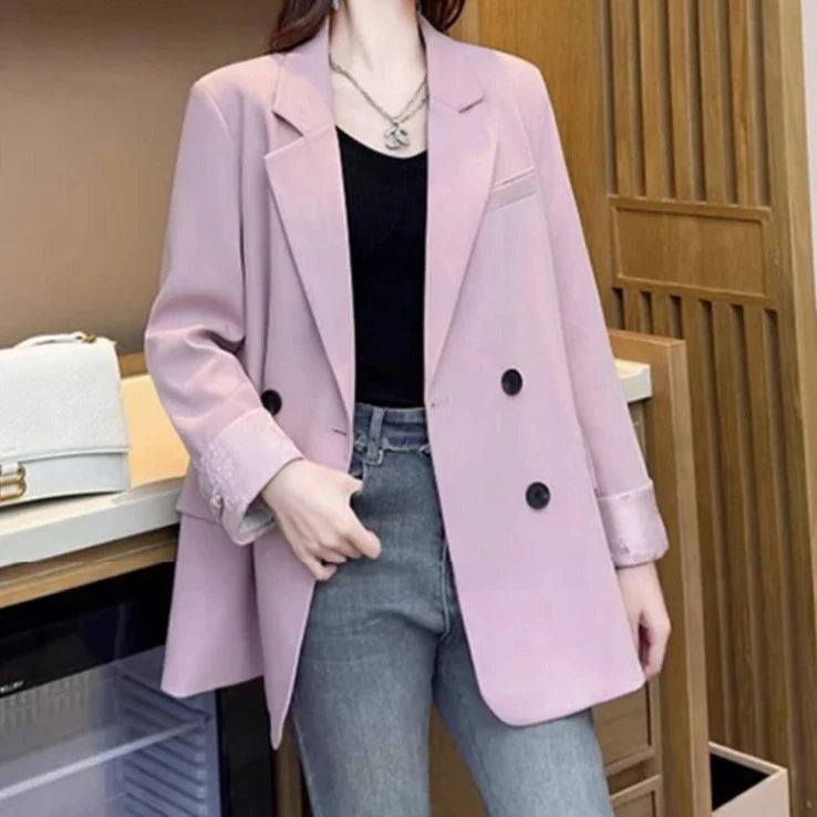 Women's Cotton Notched Long Sleeves Double Breasted Trendy Blazer