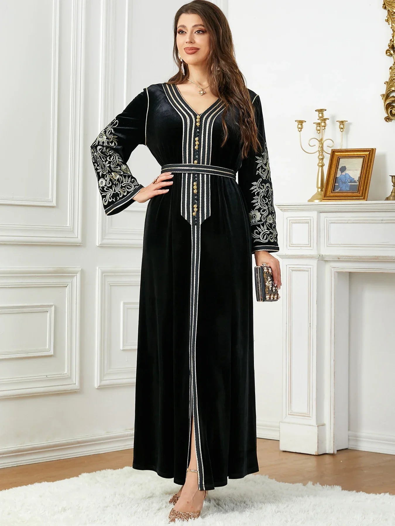 Women's Arabian Velvet Full Sleeves Embroidery Pattern Dress