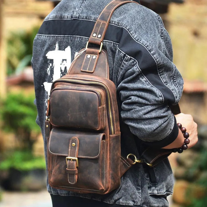 Men's Genuine Leather Zipper Closure Solid Pattern Shoulder Bag