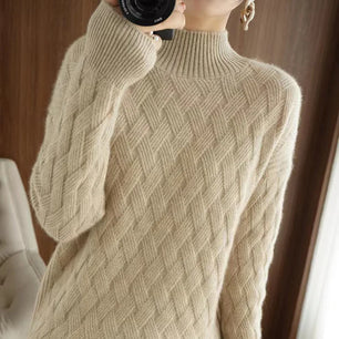 Women's Acrylic Mock-Neck Full Sleeves Knitted Pattern Sweater