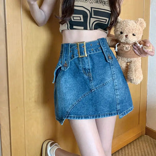 Women's Polyester High Waist Solid Pattern Casual Denim Skirts