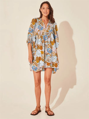 Women's Polyester V-Neck Long Sleeve Printed Pattern Mini Dress