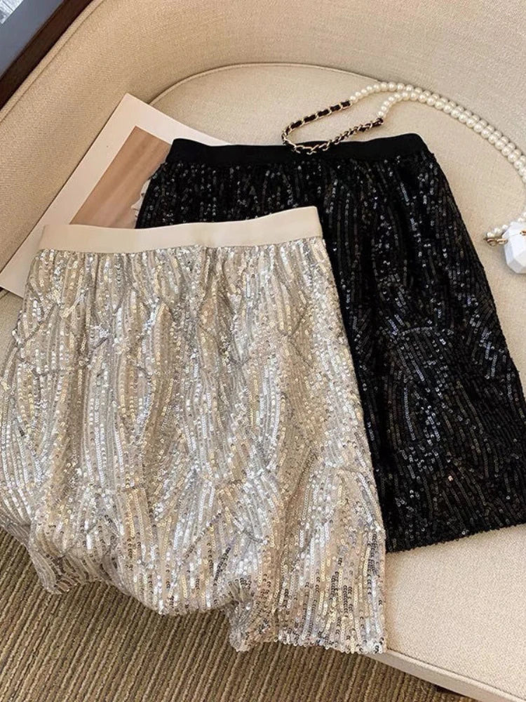 Women's Polyester High Waist Sequined Pattern Casual Skirts