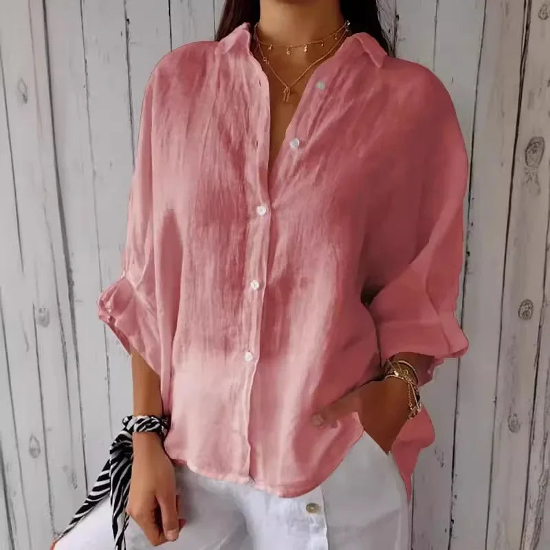 Women's Polyester Turn-Down Collar Long Sleeves Solid Blouse